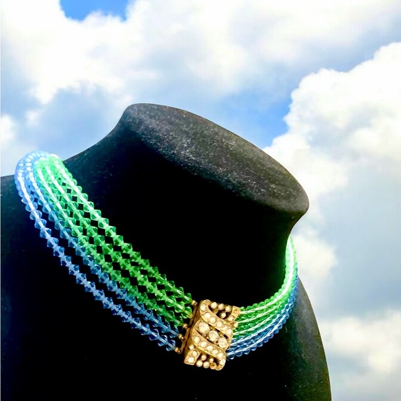Vintage Blue & Green Glass Faceted Bead Multi-Strand Choker Collar Necklace - Picture 9 of 11